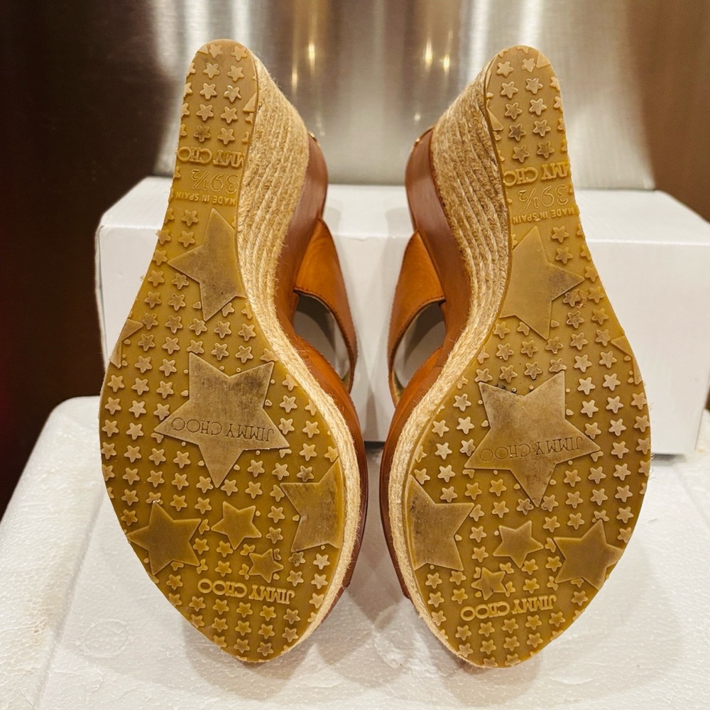 Jimmy Choo Tan Leather Espadrille Wedge Sandals - Picture 12 of 15